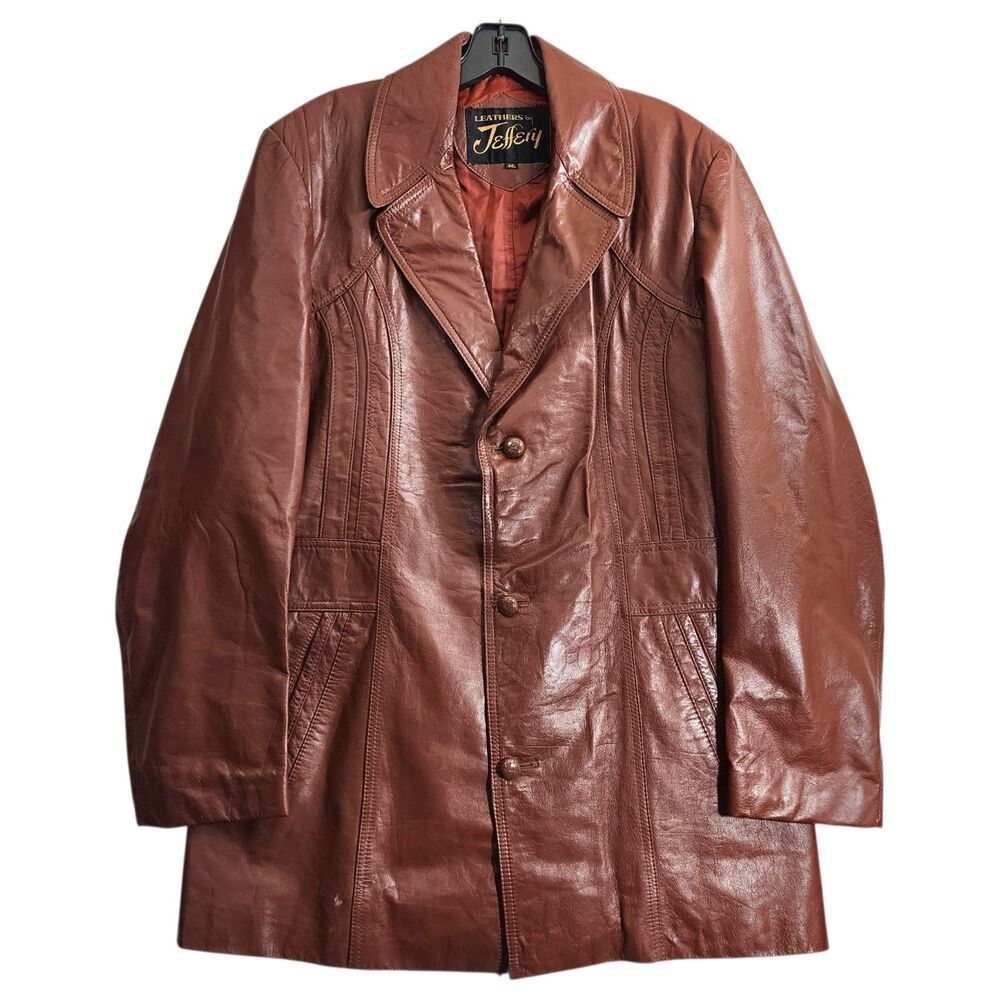 Vintage LEATHERS by JEFFERY Jacket Mens 44L Brown Leather Single Breasted 70s